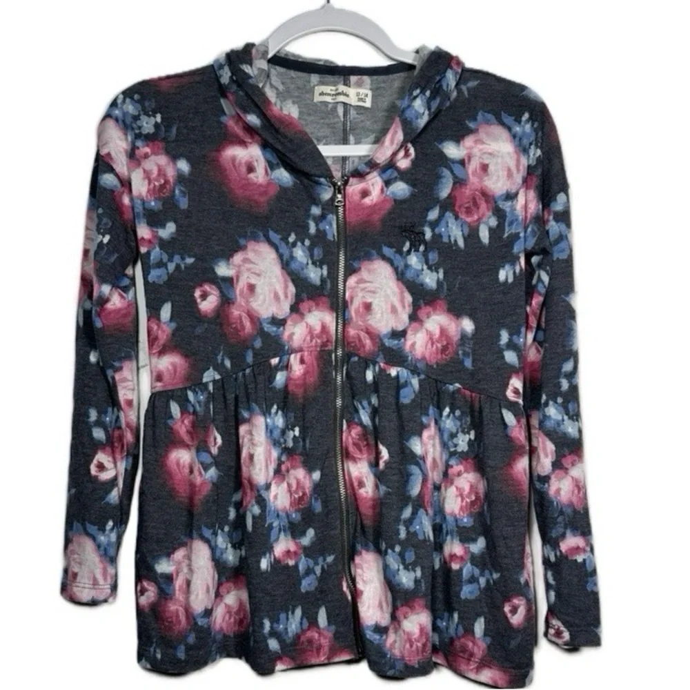 Abercrombie Kids Floral Rose gray Peplum Zip Up Hoodie Cardigan Size 13/14‎ NWOT